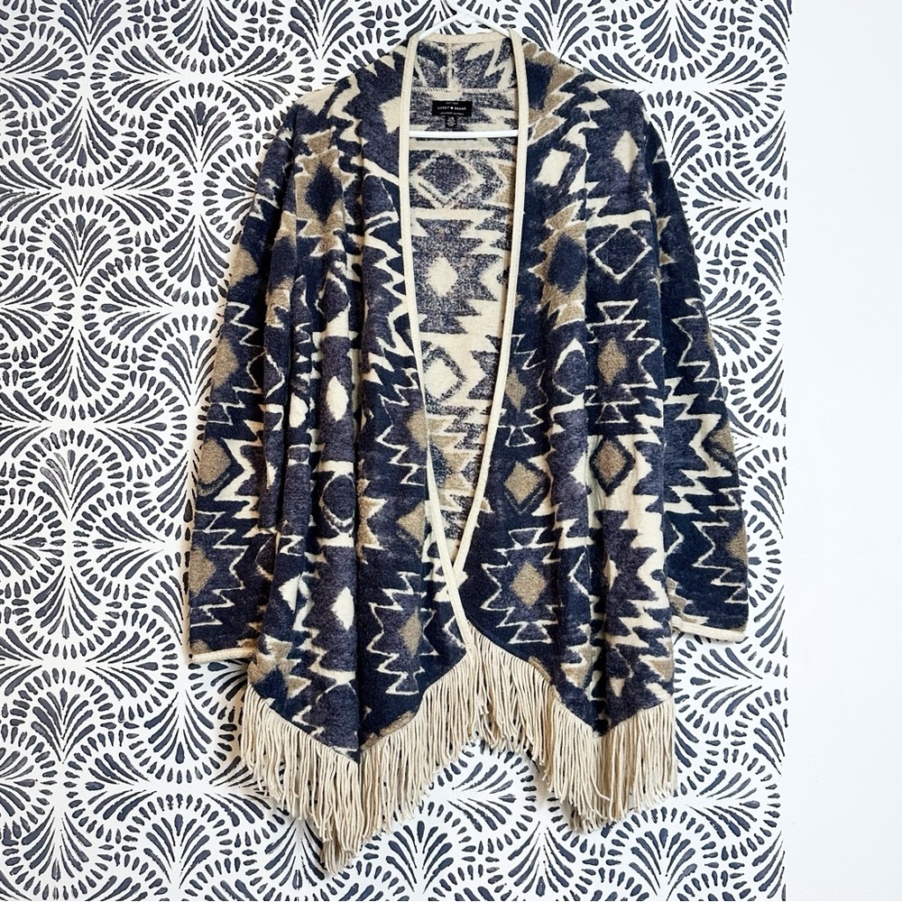 Lucky Brand Fuzzy Aztec Fringe Tassel Open Front Cardigan
